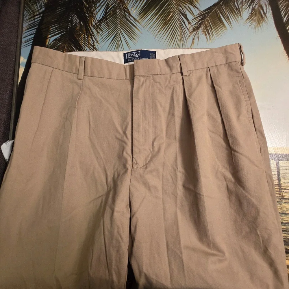 Vintage Polo Ralph Lauren Khaki Pleated Chino Pants Mens 35x34 Tan Old Money